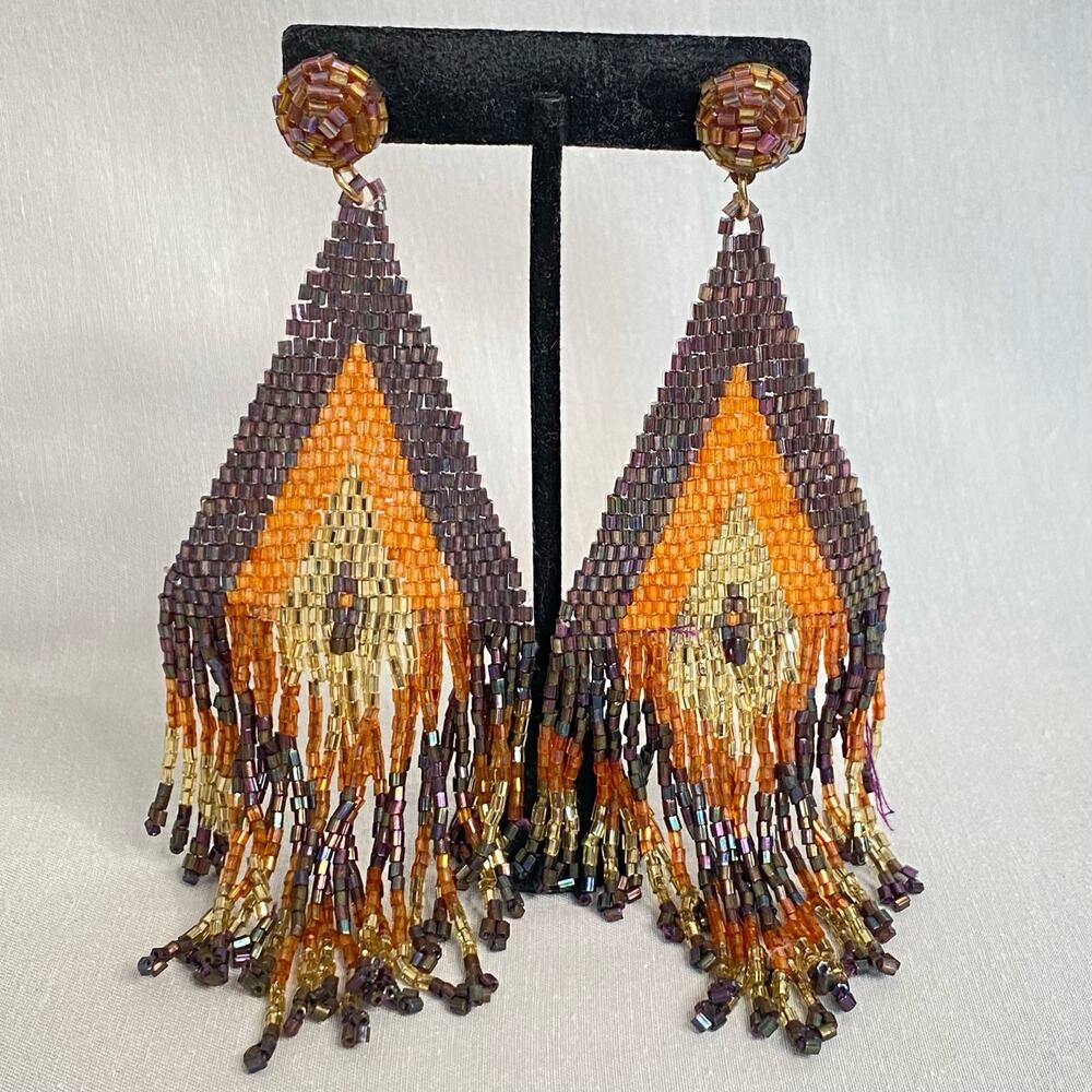 💎Tribal Oversized Seed Beaded Earrings Posts Chevron Color Black Pattern Fringe
